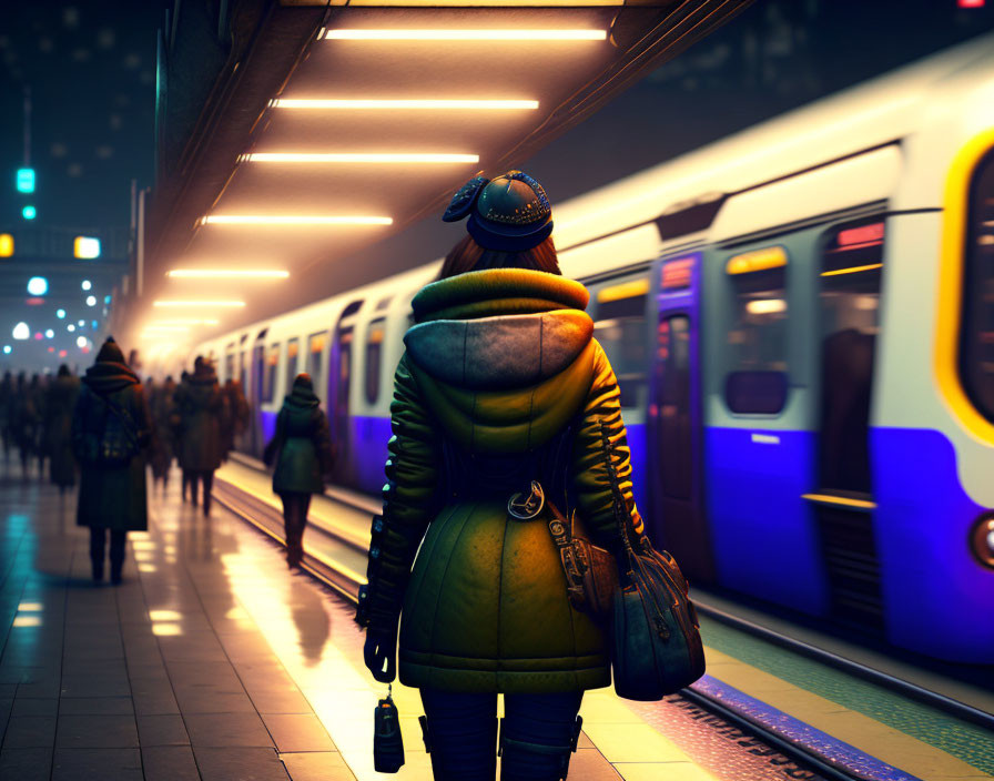 Person in Yellow Jacket and Beanie on Night Train Platform with City Lights