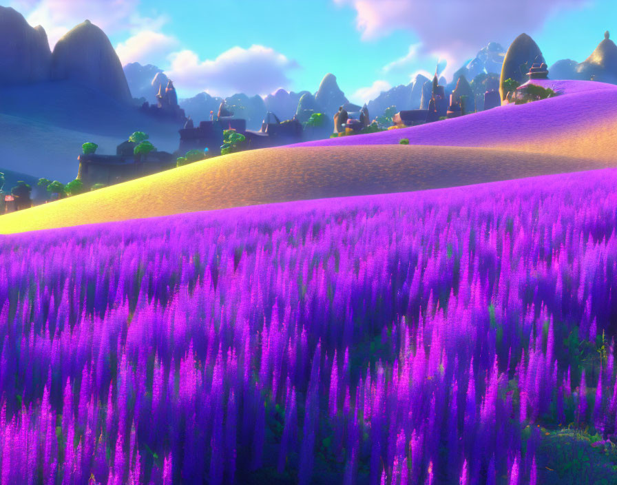 Surreal landscape with purple flora under warm sky