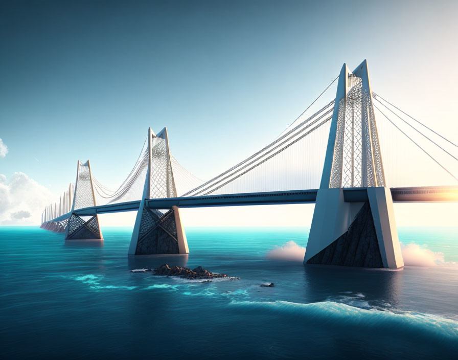 Futuristic suspension bridge over turquoise ocean under clear sky