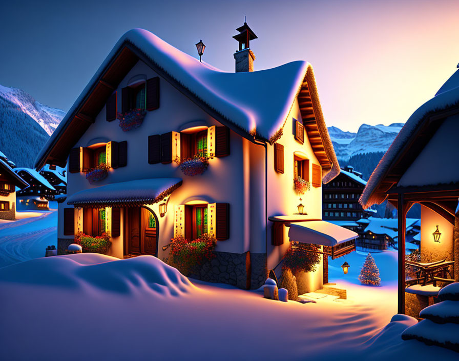 Snow-covered cottage in twilight alpine village with warm glow.
