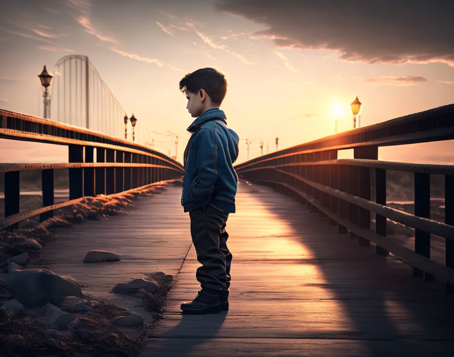 Young boy on wooden bridge at sunset with lit lamps and amusement park silhouette.