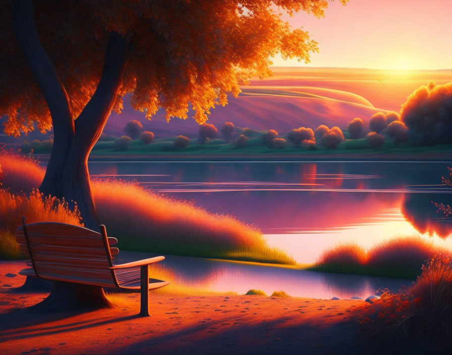 Tranquil landscape: wooden bench, tree, lake, sunset, hills, foliage