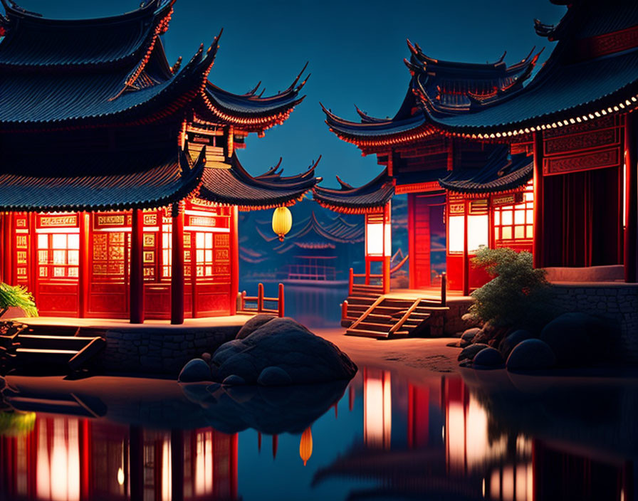 Ornate Asian architecture with red lanterns reflected in tranquil pond at night