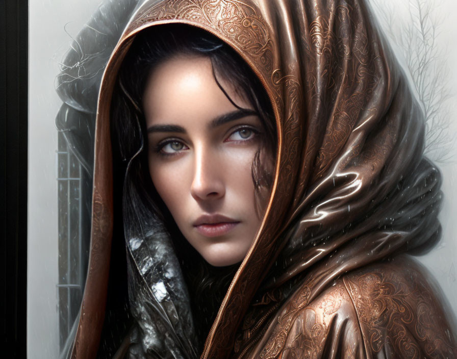 A woman in the copper raincoat