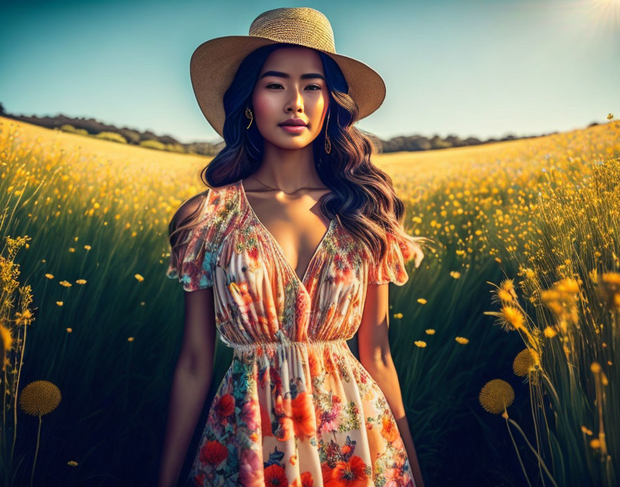 Woman in Floral Dress and Straw Hat in Sunlit Field of Yellow Flowers