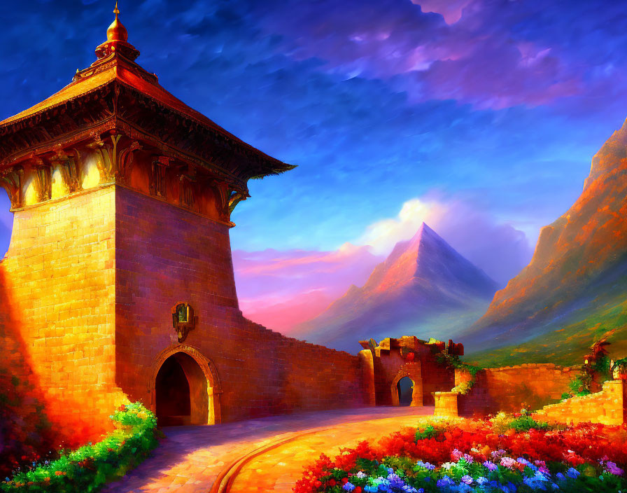 Ancient fortress painting with watchtower, lush flowers, sunset sky, mountains