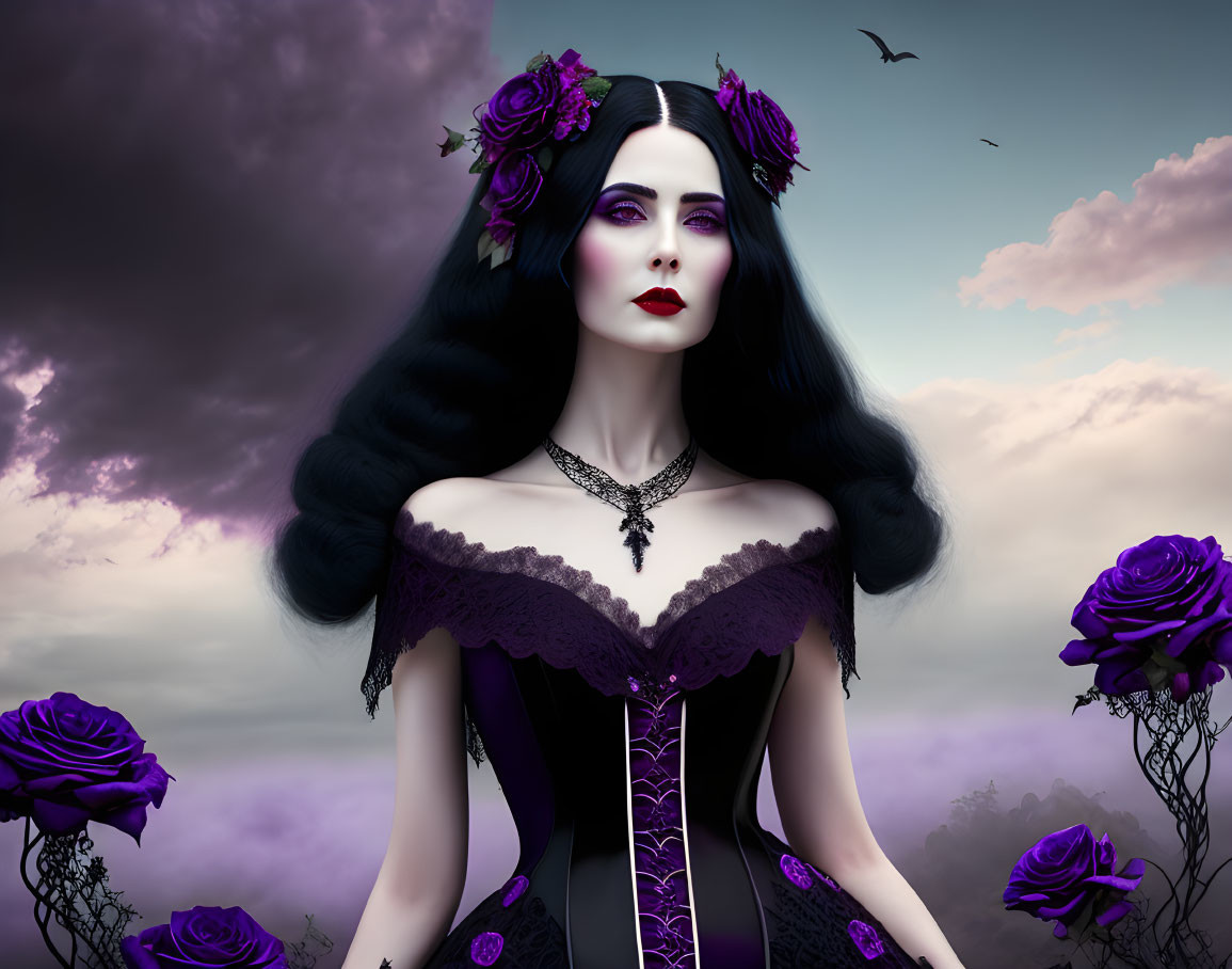 A gothic soul among purple flowers