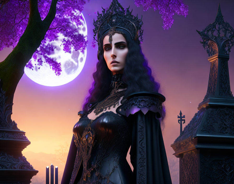 Gothic queen digital artwork with fantasy skyline and purple moon