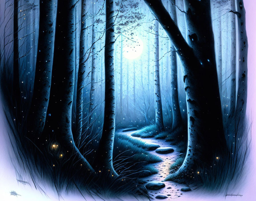Enchanted Blue Forest Path under Full Moon