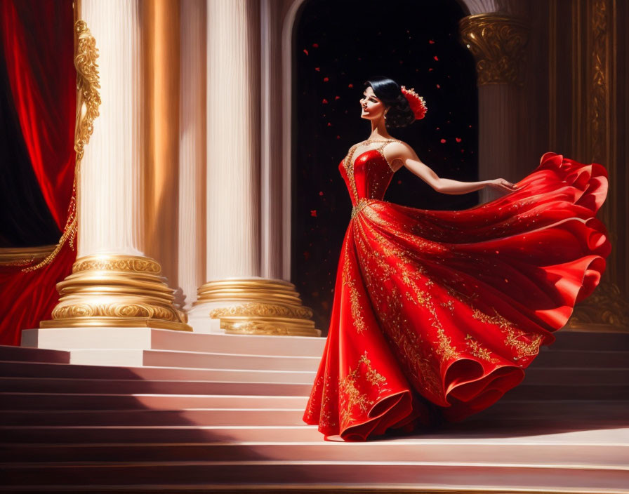 Elegant Woman in Red Gown Ascending Grand Stairs