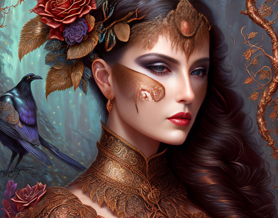 Digital Art Portrait of Woman with Golden Detailing, Roses, Crow, and Patterns