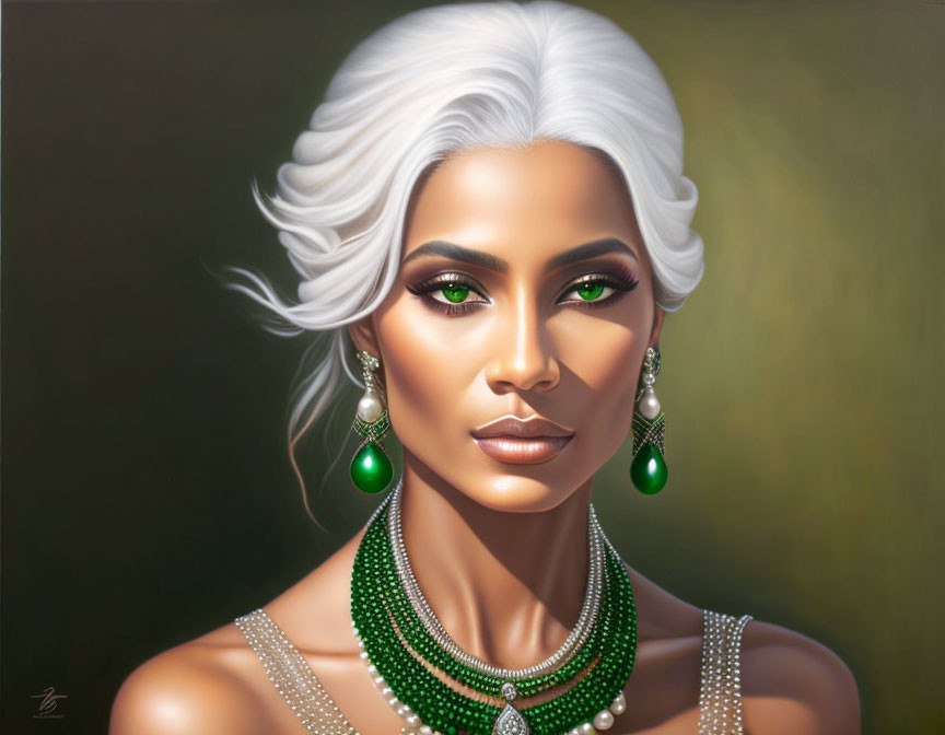 Silver-haired woman with green eyes and jewelry portrait.