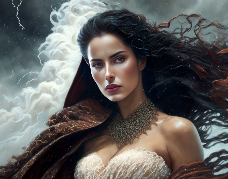 Digital artwork: Woman with dark flowing hair, intense eyes, intricate necklace, feathered gown, storm