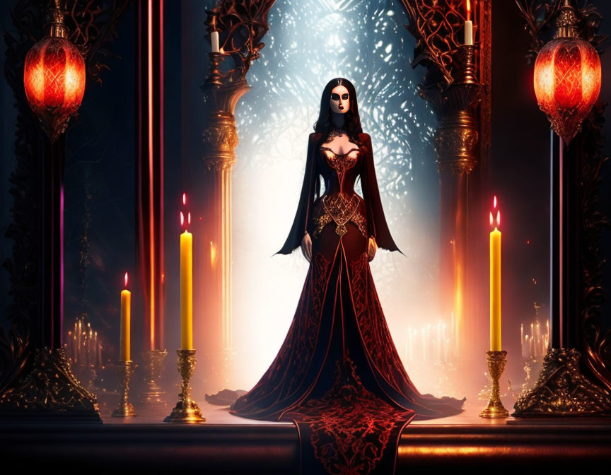 The vampire lady in copper dress at the altar
