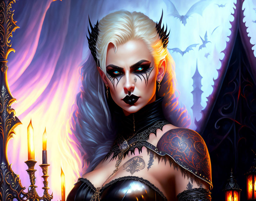 Pale-skinned vampire queen in black attire with bat motif background