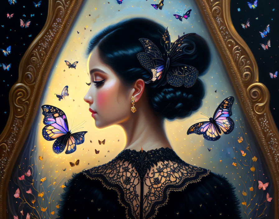woman in black surrounded by butterflies