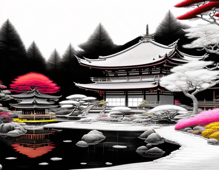 Monochrome Japanese garden with temple, pink and yellow foliage, pond reflection