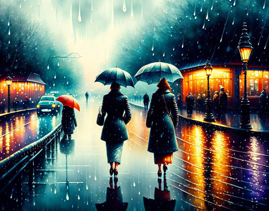 Rainy city street at night with people and umbrellas