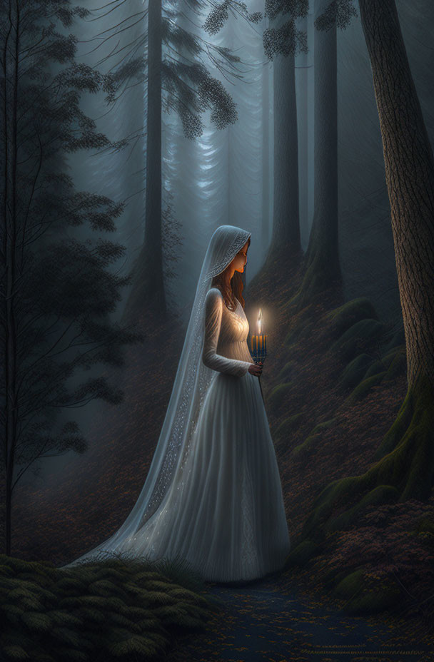 Bride in white dress with lit candle in misty forest landscape