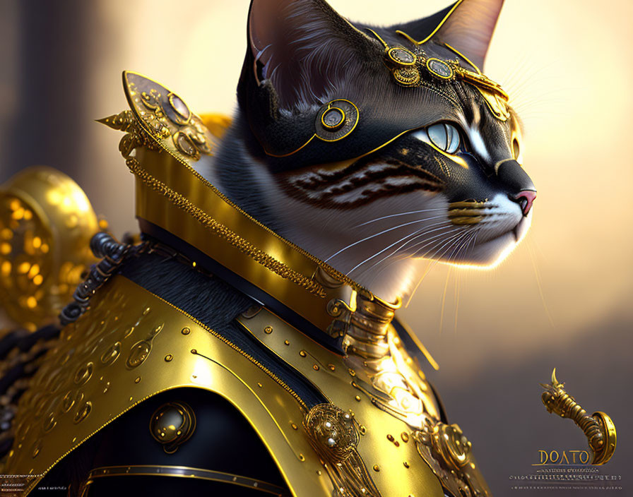Tabby cat in ornate golden armor and helmet on soft-lit background