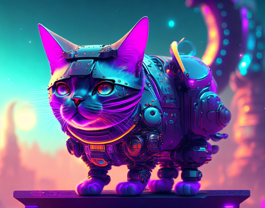 Colorful Cybernetic Cat with Mechanical Parts in Neon Background