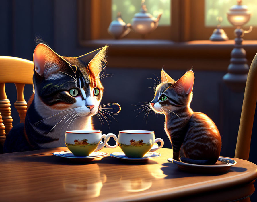 Two animated cats enjoying tea in a cozy sunlit room
