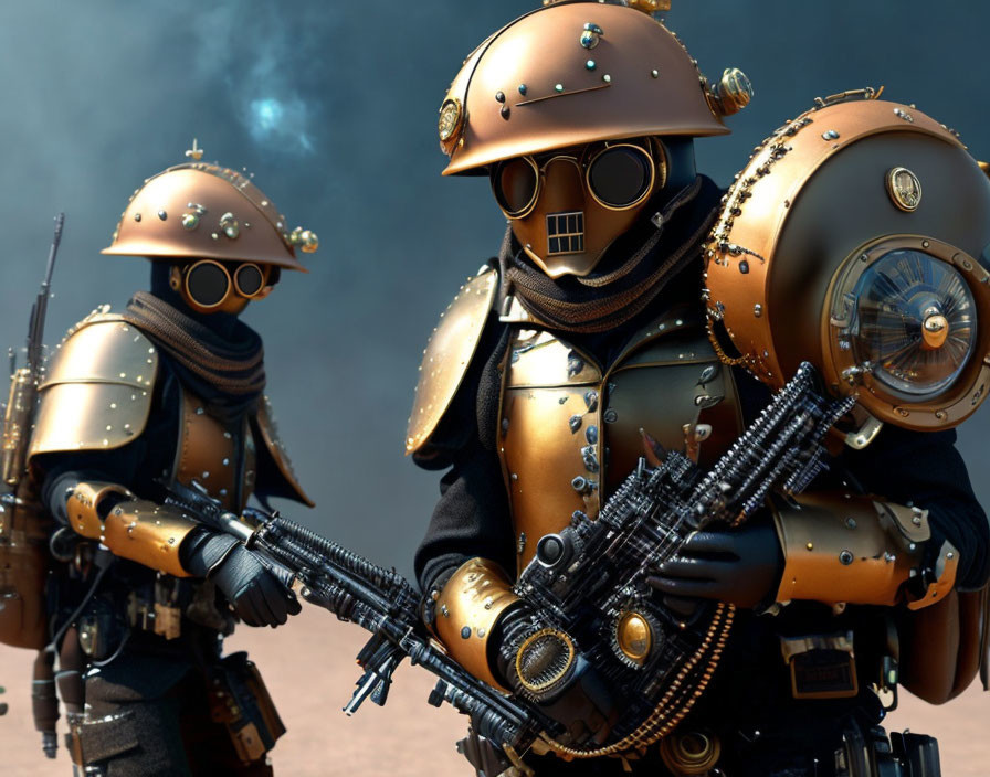 Steampunk-style robots with brass armor and gears in smoky setting
