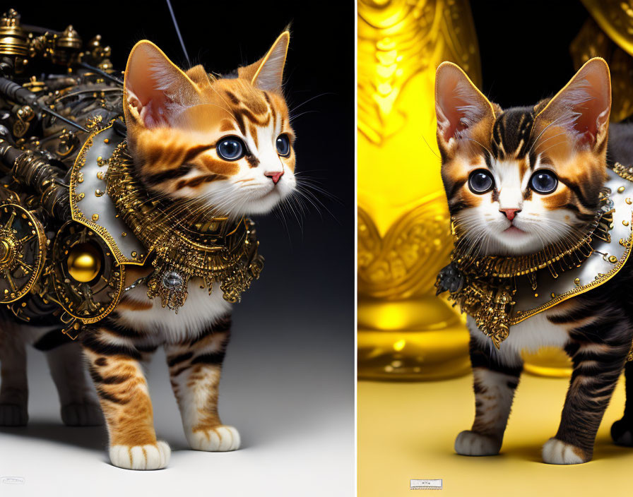 Fantasy armor-clad kitten on yellow backdrop.