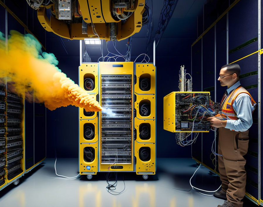 Person in safety vest conducts cooling test on server racks with large fan and smoke in data center