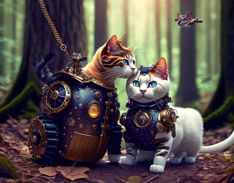 Steampunk-themed forest scene with two cats, mechanical owl, and autumn leaves