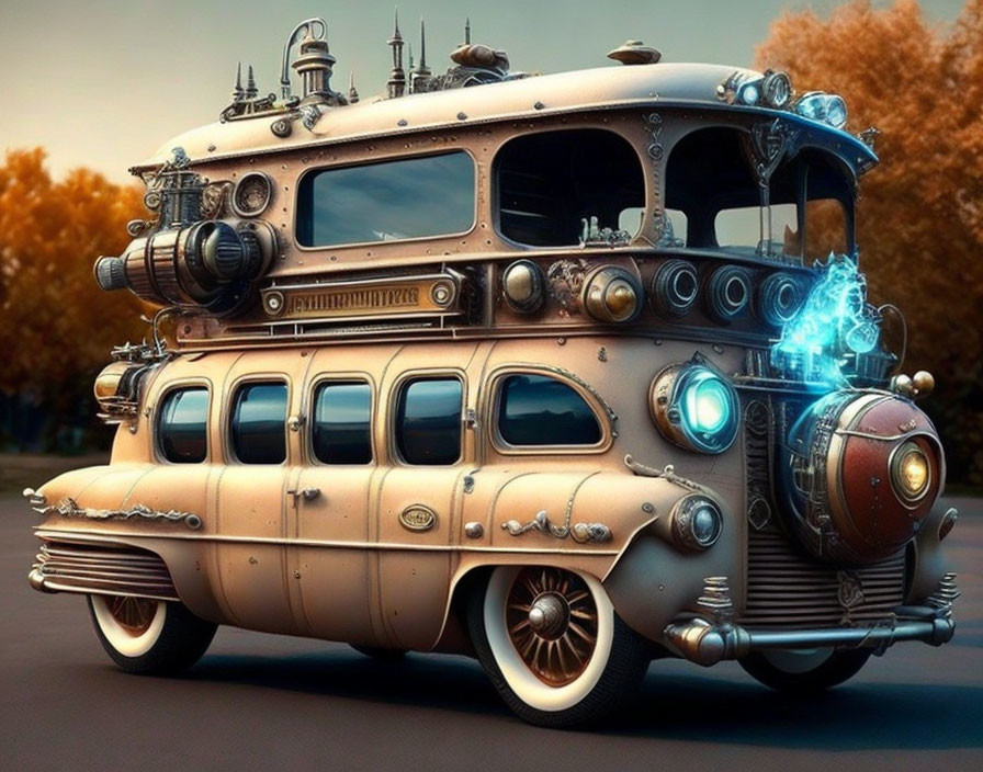 Steampunk-inspired retro-futuristic bus with blue energy arcs and decorative metalwork.