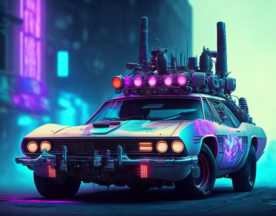 Retro-futuristic car with neon lighting in cyberpunk cityscape