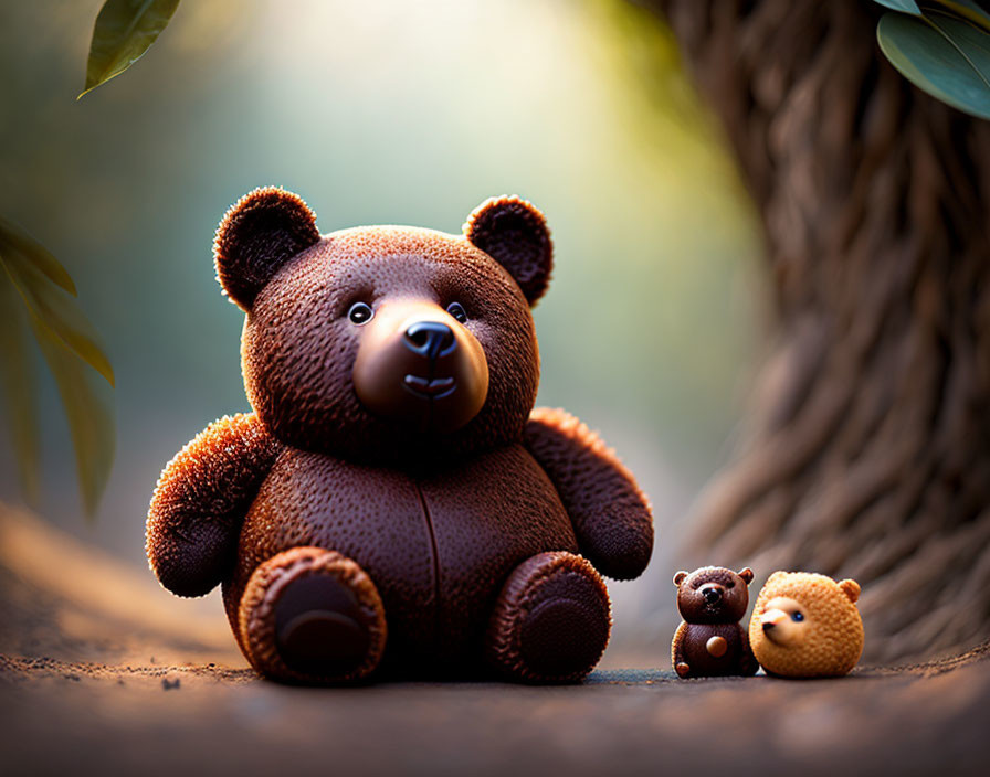 Plush teddy bear, tiny bear, and hedgehog toy under warm tree light