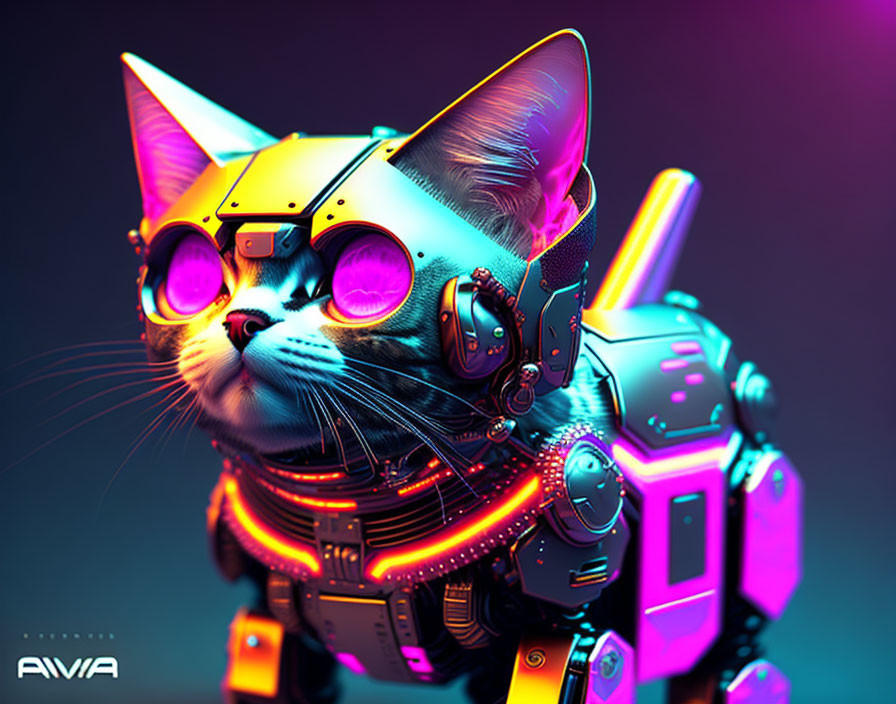 Futuristic robotic cat with neon helmet and purple goggles