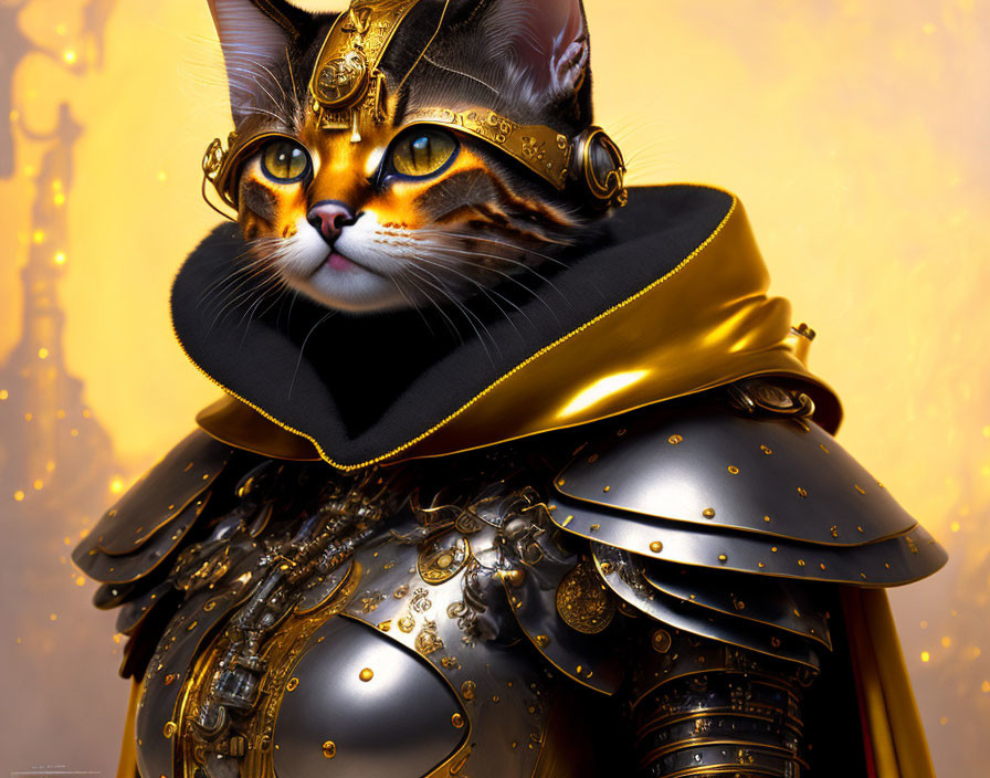Majestic cat in golden armor with royal cloak on golden backdrop