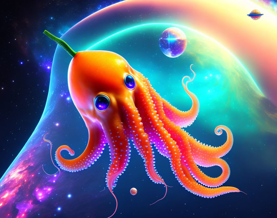 Colorful Digital Art: Large Orange Octopus in Space
