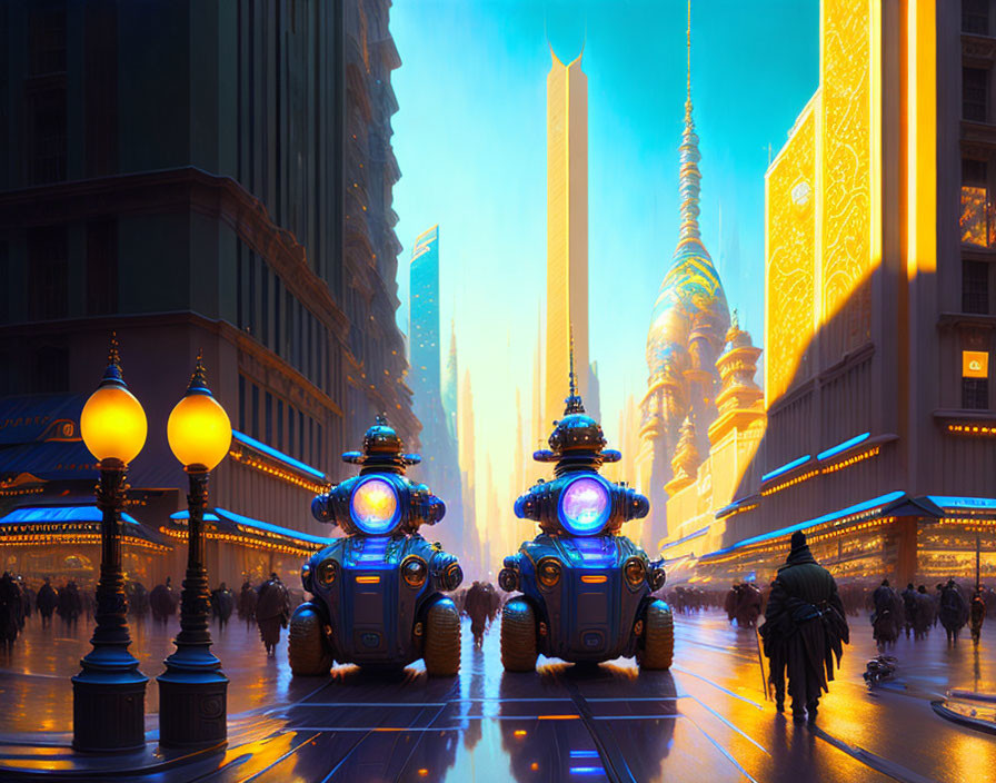 Futuristic city street with towering buildings, glowing signs, and robotic entities