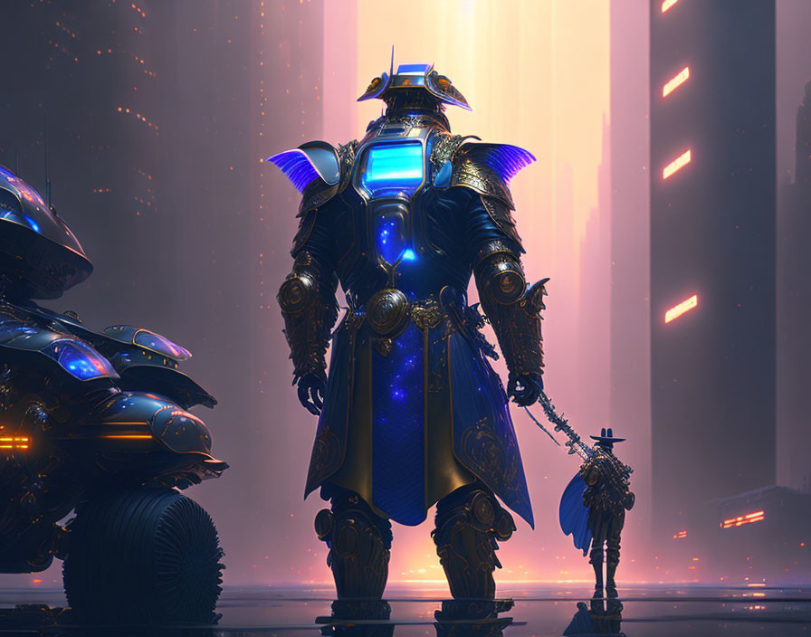 Futuristic knight in ornate armor with glowing blue accents beside robotic steed in illuminated city