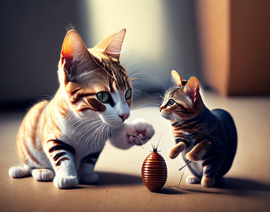 Two cats of different sizes looking at a toy under warm lighting
