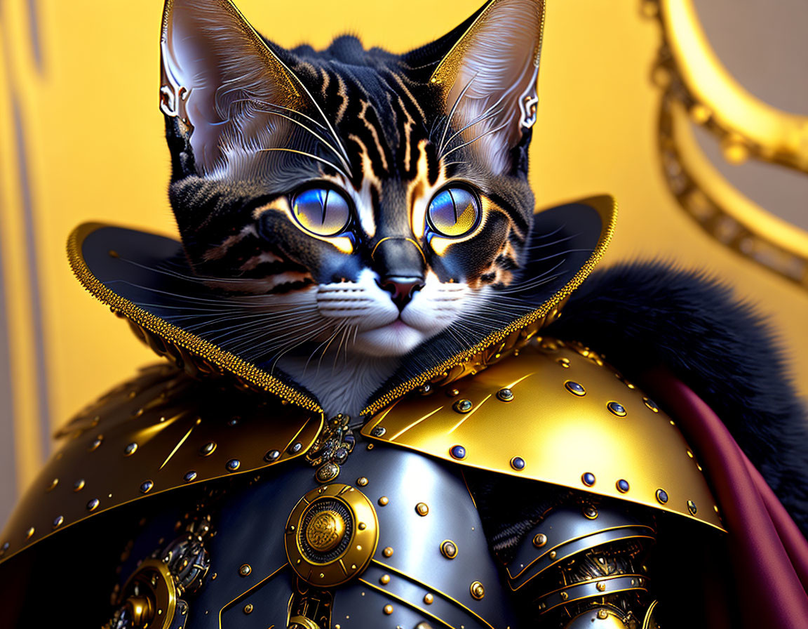 Cat in ornate golden and black knight armor on golden background