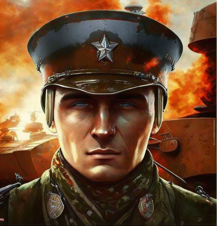 Military Officer with Star Cap in Fiery Tank Battle Scene