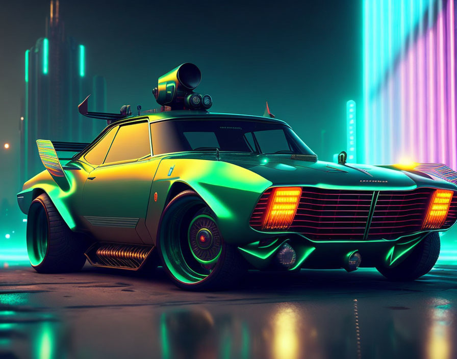 Retro-futuristic car with neon accents and exaggerated fins in vibrant cityscape