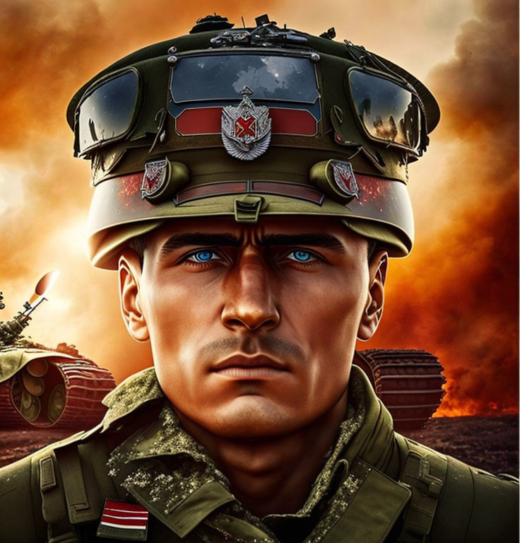 Stylized soldier with intense blue eyes in helmet against fiery sky and tanks