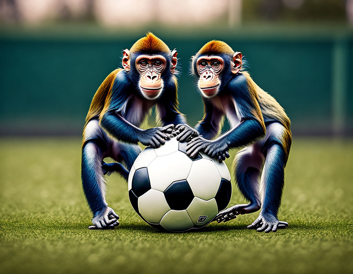 Mandrill monkeys holding soccer ball on grass field