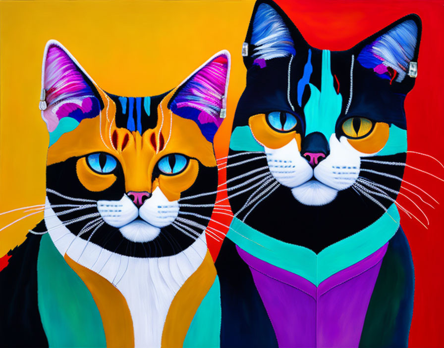 Colorful Stylized Cats Painting on Yellow and Orange Background