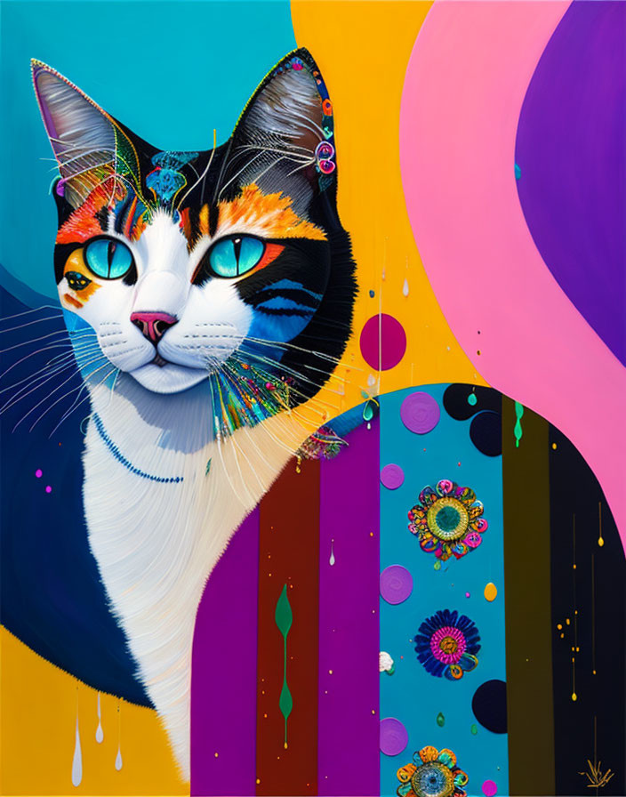 Colorful Cat Painting Against Abstract Background with Decorative Elements