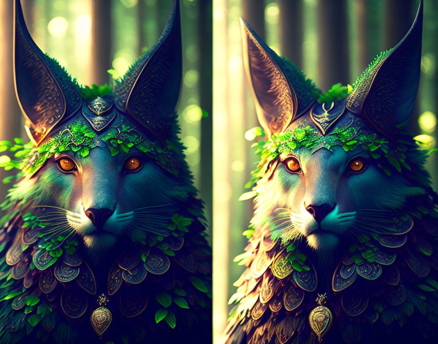 Digital artwork of a mystical cat with forest-themed decoration