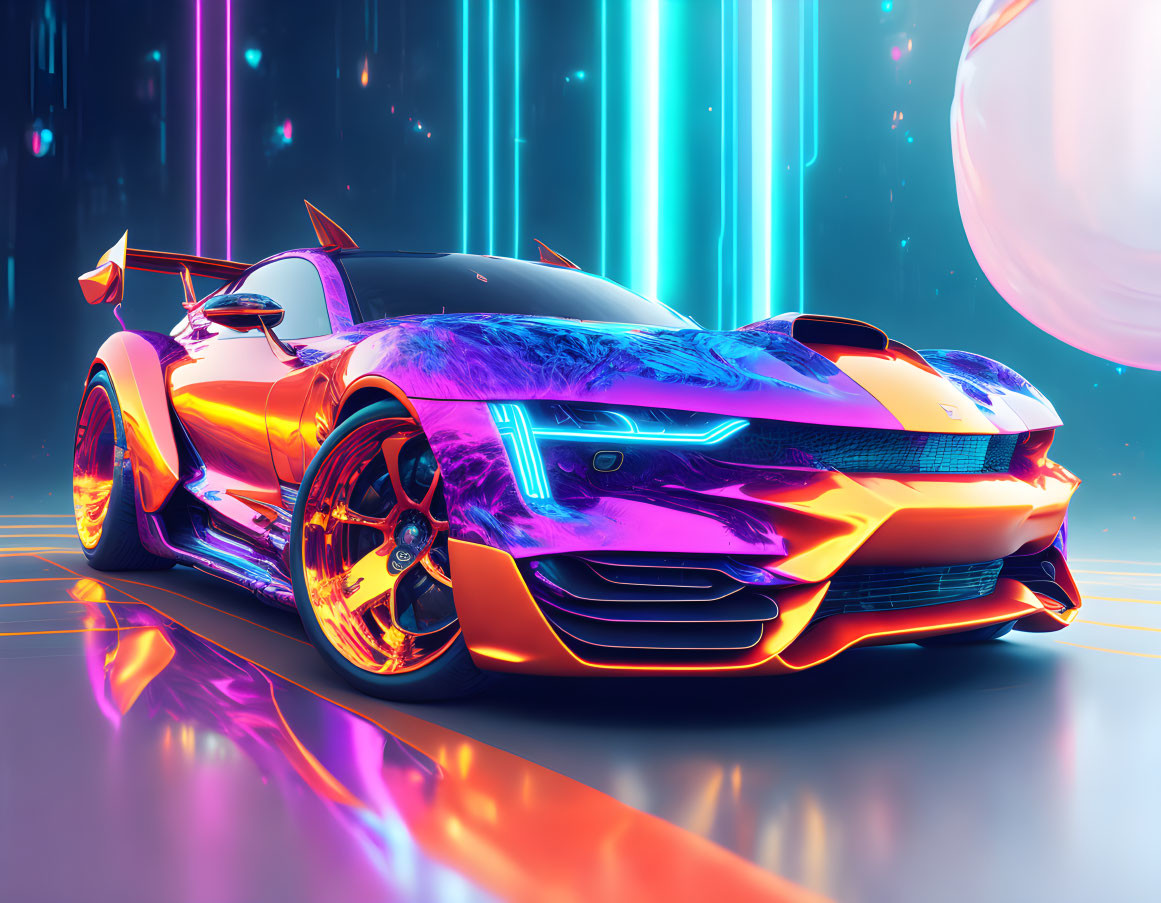 Futuristic neon-lit sports car on reflective surface with cyberpunk backdrop