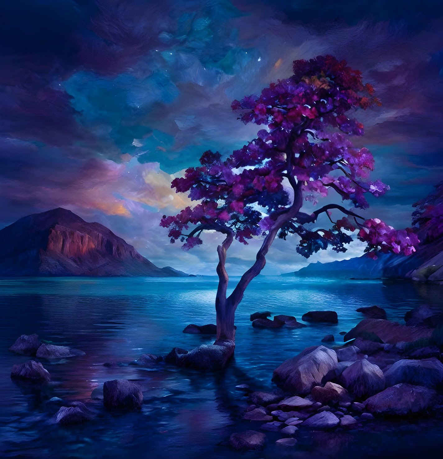Serene lake painting: solitary tree, purple foliage, mountains, twilight sky