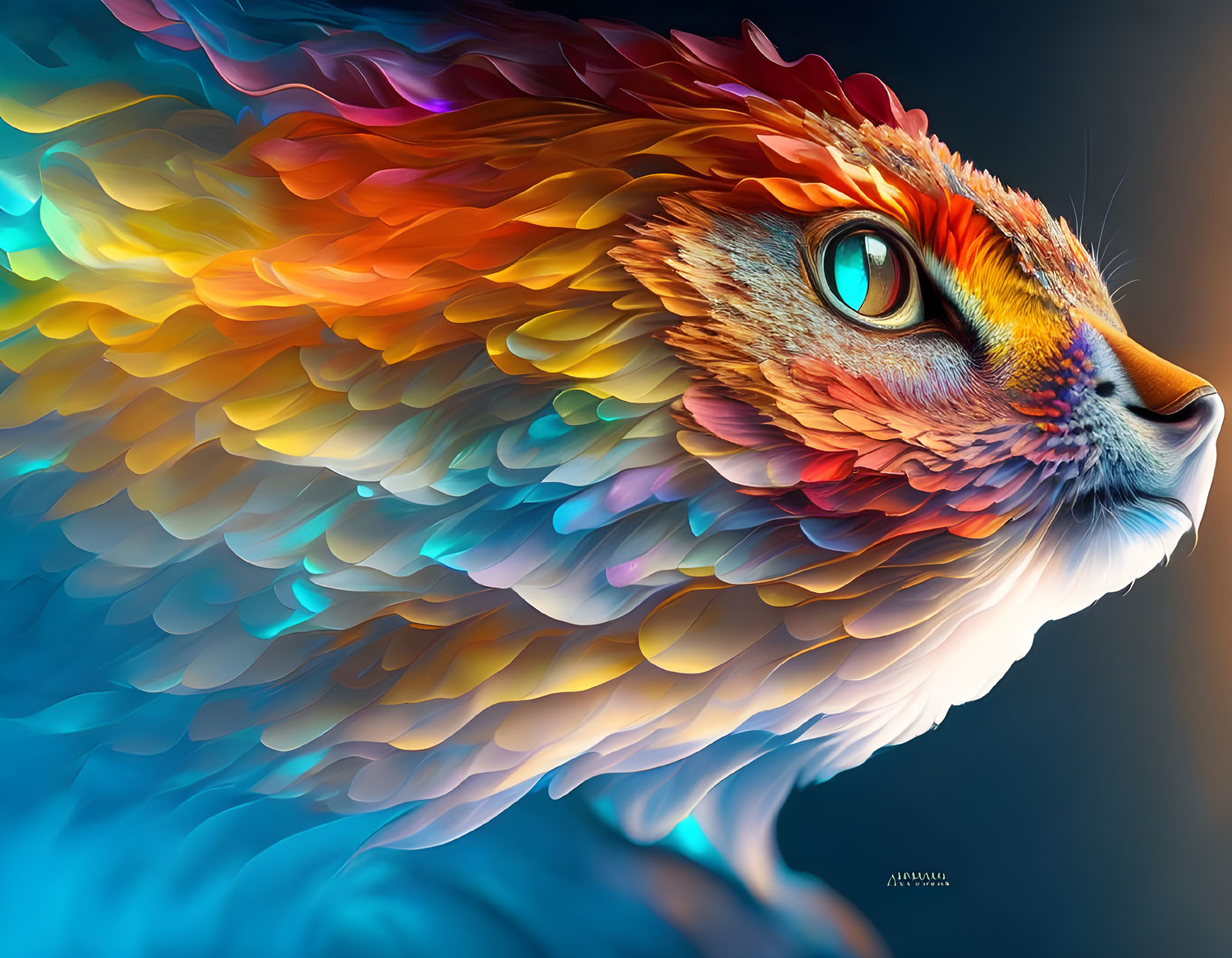 Colorful digital artwork: Cat with vibrant, multicolored fur
